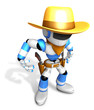 3D blue Robot Sheriff is taking pose a gunfight. Create 3D Human