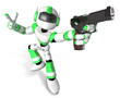 3D Green Mascot robot is holding a Automatic pistol pose. Create