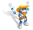 3D Blue Sheriff robot with both hands in a gesture of surrender.