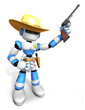 3D Blue Sheriff robot is holding a revolver gun pose. Create 3D