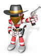 3D Red Robot villain is taking pose a gunfight. Create 3D Humano