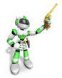3D Green cowboy robot is holding a revolver gun pose. Create 3D