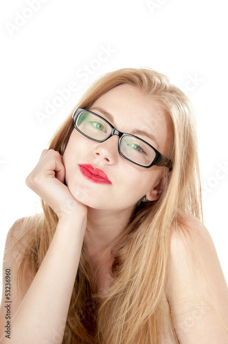 Photo: Portrait of beautiful young girl in glasses, isolated on white Portrait of beautiful young girl in glasses, isolated on white