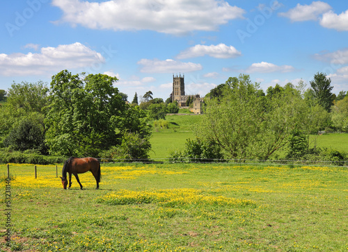 Photo: An English Summer Landscape in the Cotswolds with grazing horse An English Summer Landscape in the Cotswolds with grazing horse