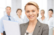happy woman with big notepad