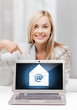 woman with laptop pointing at email sign