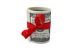 roll of one hundred dollar bills tied with red ribbon