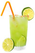 Fruit cocktail with lime and ice cubes in a glass decorated with