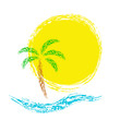 Tropical palms on island with sea. Vector icon.