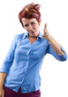 young redhead woman pointing at viewer