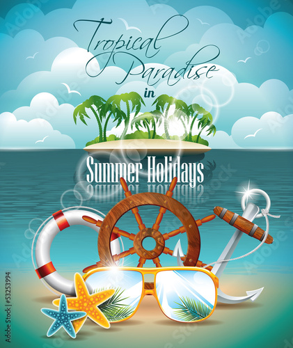 Vector: Vector Summer Flyer with palm trees and shipping elements. Vector Summer Flyer with palm trees and shipping elements.