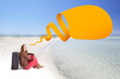 Woman with a suitcase on the sea beach with speech bubble