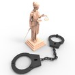 Themis statue and handcuffs over white background