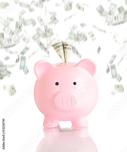 Photo: pink piggy bank with money rain pink piggy bank with money rain