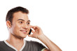 Happy man answering the phone isolated