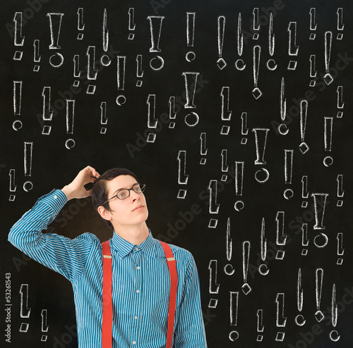 Photo: Nerd geek businessman student teacher chalk exclamation marks Nerd geek businessman student teacher chalk exclamation marks