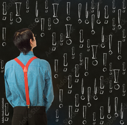Photo: Nerd geek businessman student teacher chalk exclamation marks Nerd geek businessman student teacher chalk exclamation marks