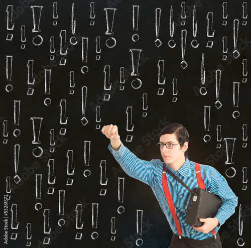 Photo: Nerd geek businessman student teacher chalk exclamation marks Nerd geek businessman student teacher chalk exclamation marks