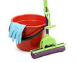 Mop, plastic bucket and rubber gloves, isolated on white