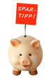 Freundliches lachendes Sparschwein und Notizzettel: Spartipp!