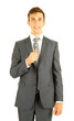 Young businessman talking with microphone, isolated on white