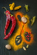 Spices: chili, turmeric, cardamom, nutmeg and lemon grass.