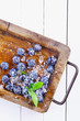 Blueberries in an old wooden tray over a table