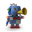 Toy robot shouting with bullhorn over white background