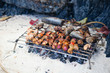 Meet and fresh fish grilled on a beach