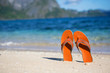 Slippers on sand beach near the water
