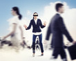 Businesswoman in blindfold among group of people