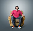 Emotional man listens to music on headphones. Sound concept