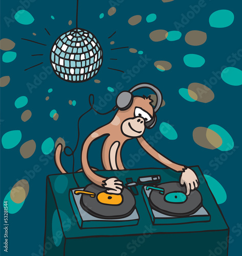 Illustration: Monkey disc jockey playing music Monkey disc jockey playing music