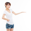 Asian woman present something.