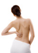 Woman massaging pain back isolated on white background
