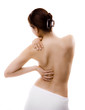 Woman massaging pain back isolated on white background