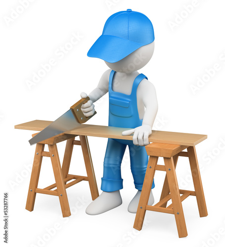 Illustration: 3D white people. Carpenter cutting wood with a handsaw 3D white people. Carpenter cutting wood with a handsaw