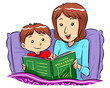 Mother reading bed time story for her son. Vector EPS8 file.
