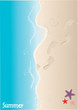 Sand beach with footprints and starfish. Vector illustration