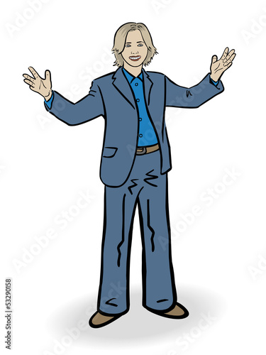 Vector: Junge Frau Ira im blauen Anzug hält eine charismatische Rede Junge Frau Ira im blauen Anzug hält eine charismatische Rede