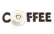 Cup of coffee with letters beans isolated