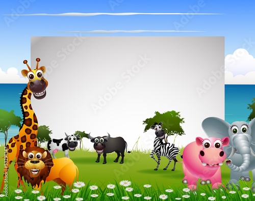 Vector: funny animal cartoon with beach background and blank sign funny animal cartoon with beach background and blank sign
