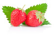 Photo: Two ripe red strawberries and a leaf isolated on white backgroun Two ripe red strawberries and a leaf isolated on white backgroun