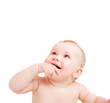 Cute happy baby smiling looking above on white
