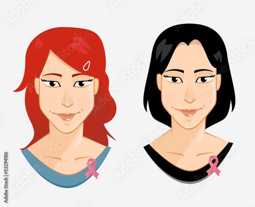 Vector: 2 Women wearing pink ribbon to help promote breast 2 Women wearing pink ribbon to help promote breast