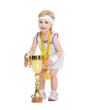Photo: Happy baby in tennis clothes holding medal and goblet Happy baby in tennis clothes holding medal and goblet