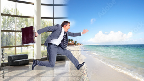 Photo: Businessman jumping on the water. Businessman jumping on the water.