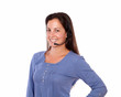 Hispanic woman using headphones with microphone