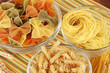 Different types of pasta on striped tablecloth