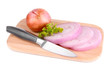 Onion cut with rings on wooden board isolated on white